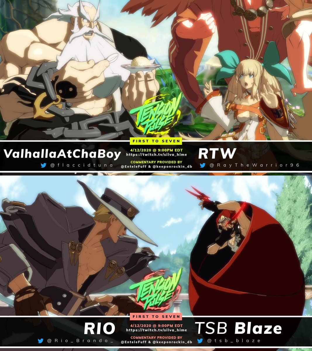tensionpulse's tweet image. We&apos;re back with more GG action! First, @flaccidtuna and @RayTheWarrior96 show off their skills, then @Rio_Brando_ takes on @tsb_blaze. @keeponrockin_db and @EnteleFuff will be on commentary for these explosive sets! Tune in on Sunday, 4/12 at 9PM EDT! twitch.tv/silva_hime