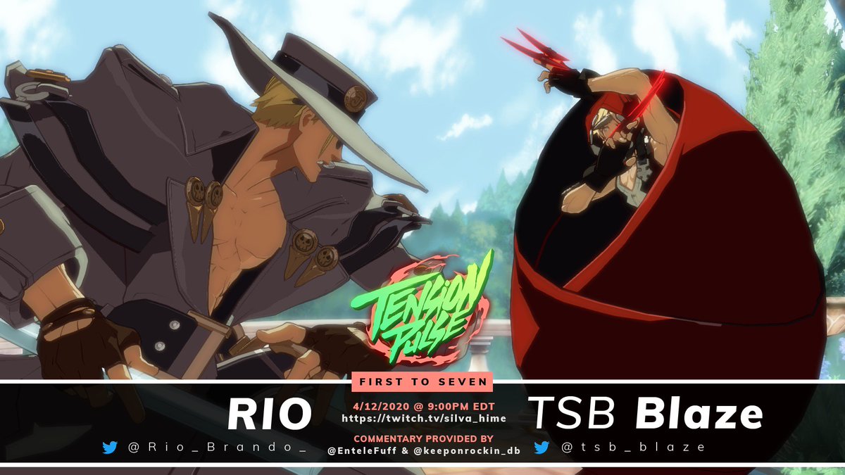 tensionpulse's tweet image. We&apos;re back with more GG action! First, @flaccidtuna and @RayTheWarrior96 show off their skills, then @Rio_Brando_ takes on @tsb_blaze. @keeponrockin_db and @EnteleFuff will be on commentary for these explosive sets! Tune in on Sunday, 4/12 at 9PM EDT! twitch.tv/silva_hime