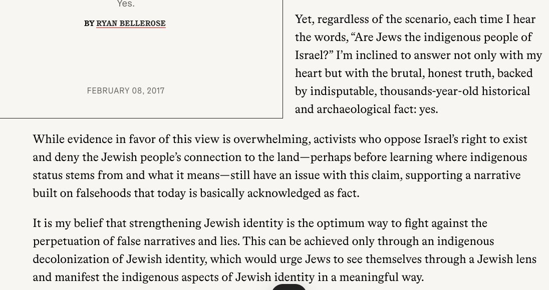 I'd also explain the concept of ancestral land, & how we shouldn't try to apply standards meant for European colonization to a more complex situation in the Middle East. Instead, Ryan Bellrose only mentions Jews a tiny bit before focusing on Palestinians in his Tabletmag article