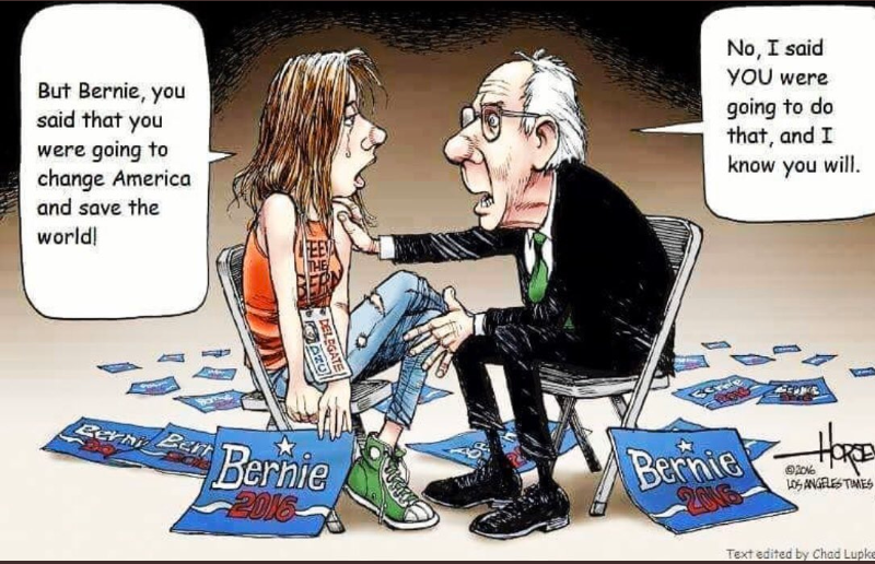 CYRFeelstheBern's tweet photo. This is my favorite Bernie cartoon and seeing it is the straw that broke the camel's back and brought me to tears today. :(
#ThankYouBernie https://t.co/xcK63yD5UE