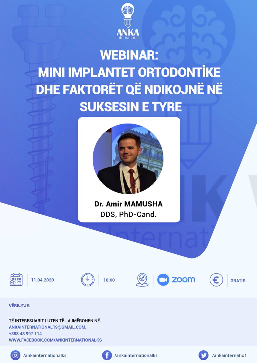 ankainternatio1's tweet photo. For all my albanian-speaking dentists and orthodontist, I will host a webinar about orthodontic mini implants and factors related to their success! 
11.04.2020, at 18:00, through ZOOM platform! 

Hope to see you! 
#orthodonticwebinar #dentalwebinar #orthodontics #implants https://t.co/ilzhIyGD4O