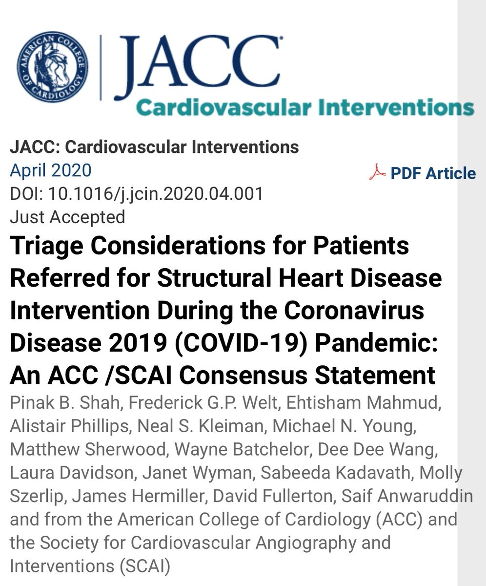 Now available: Triage Considerations for Patients Referred for Structural Heart Disease Intervention During the Coronavirus Disease 2019 #COVID19 Pandemic. Congratulations #ACCIC #ACCCVT #ACCSHD #ACCSurgeons @SCAI @SCAI_Prez @ACCinTouch 
interventions.onlinejacc.org/content/early/…