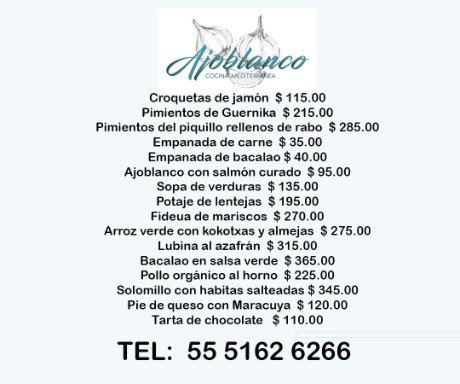 En Ekilore, El Puntal del Norte y Ajoblanco, estamos para ustedes, ofreciendo pedidos para llevar a domicilio. Pueden hacer su pedido con un día de antelación con horario de entrega de 1:30 a 5 pm. les compartimos nuestro menú de platillos y cualquier cosa estamos para servirles.