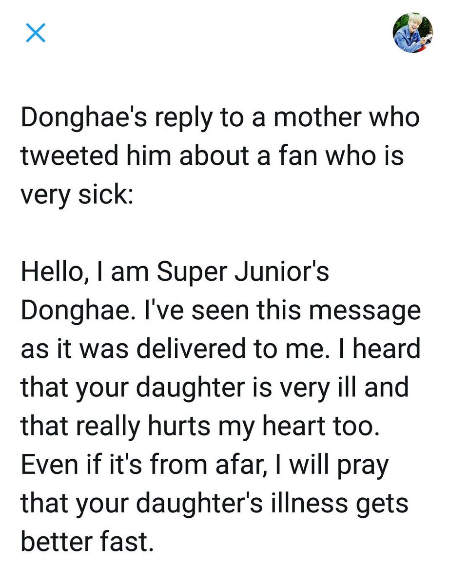 A woman tweeted about her sick daughter and mentioned that her daughter is a fan of donghae he replied to her tweet with this sweet message