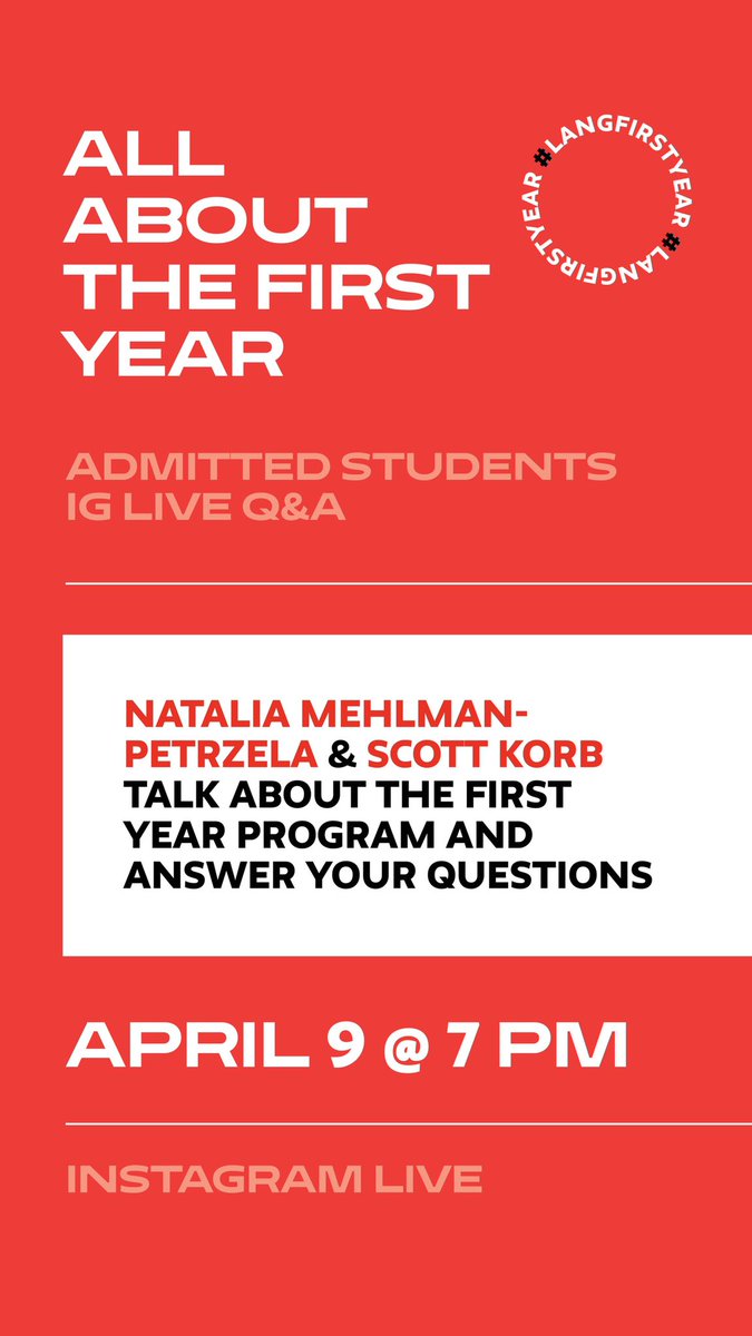EugeneLang's tweet photo. 📣Admitted Students submit your questions for first-year faculty @nataliapetrzela &amp; @scottmkorb using the #langfirstyear twitter hashtag!

Join the live Q&amp;A on Instagram (https://t.co/kb7k8oysqm)

Details below... https://t.co/2bkc6c17A8