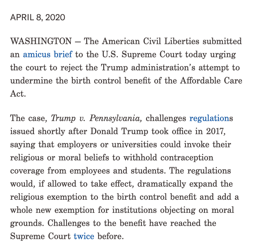Trump v. Pennsylvania challenges regulations saying that employers or universities could invoke their religious or moral beliefs to withhold contraception coverage from employees and students. The regulations would, if allowed to take effect, dramatically expand the religious exemption to the birth control benefit and add a whole new exemption for institutions objecting on moral grounds.