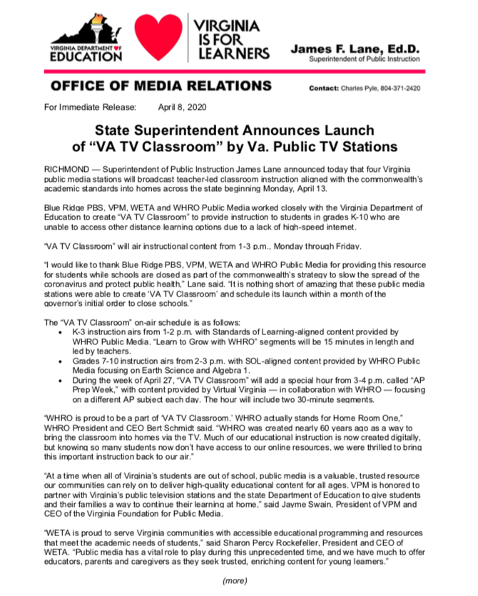 abyrdwright's tweet photo. Superintendent of Public Instruction @DrJamesLane announced today that 4 VA public media stations will broadcast teacher-led classroom instruction aligned with the commonwealth’s academic standards into homes across the state beginning Monday, April 13. @HamptonCSchools https://t.co/8AXy27ErIJ