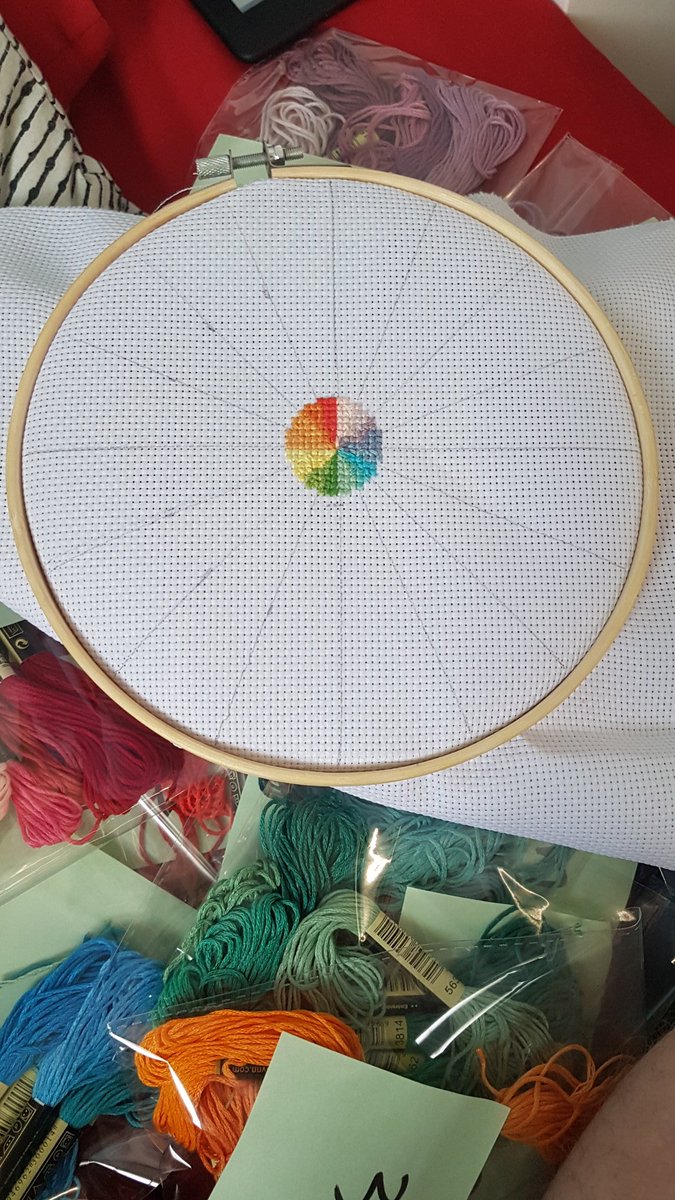 I'm making a cross stitch colour wheel. It will have 80 colours :) I have a feeling some of the colours wont be correct, but seeing as I can't go out to buy thread, I'll deal with what I have