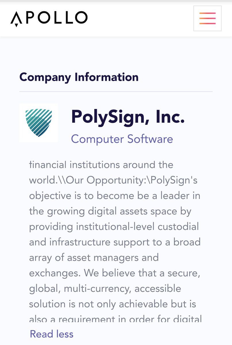 "PolySign's objective is to become be a leader in the growing digital assets space by providing institutional-level custodial and infrastructure support to a broad array of asset managers and exchanges." https://www.apollo.io/people/Ian/McEachern/5aa8e09aa6da984f8d0ac955