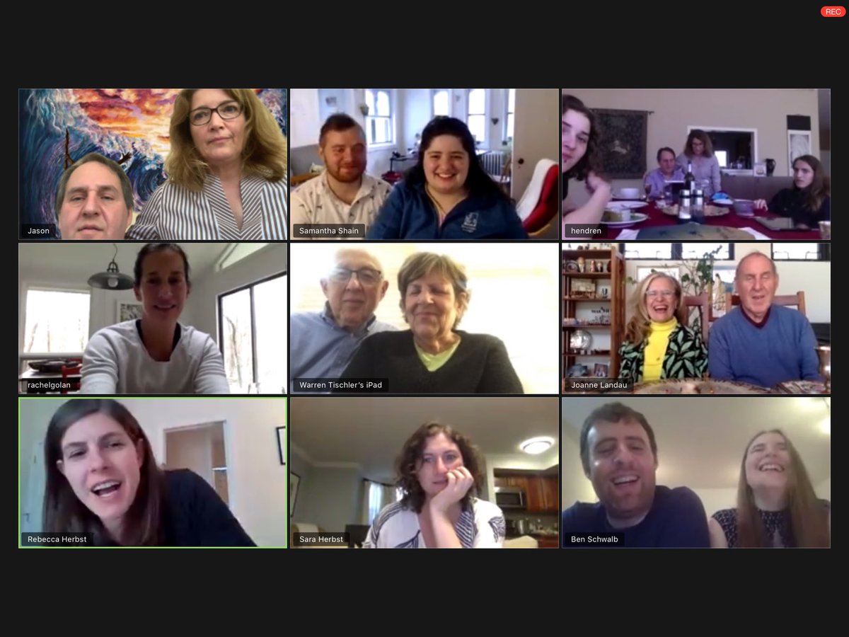 A screenshot from our Zoom Passover Seder today, which included family from the US, Europe, Asia, and Israel.  I am so grateful that technology allows us to see and hear each other across the miles. Passover celebrates freedom; may you have health and freedom in the coming year!