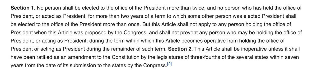 Ok I’m nerding out on my absurd and not serious idea, but here’s what the 22nd Amendment says: No person shall be *elected* more than twice.