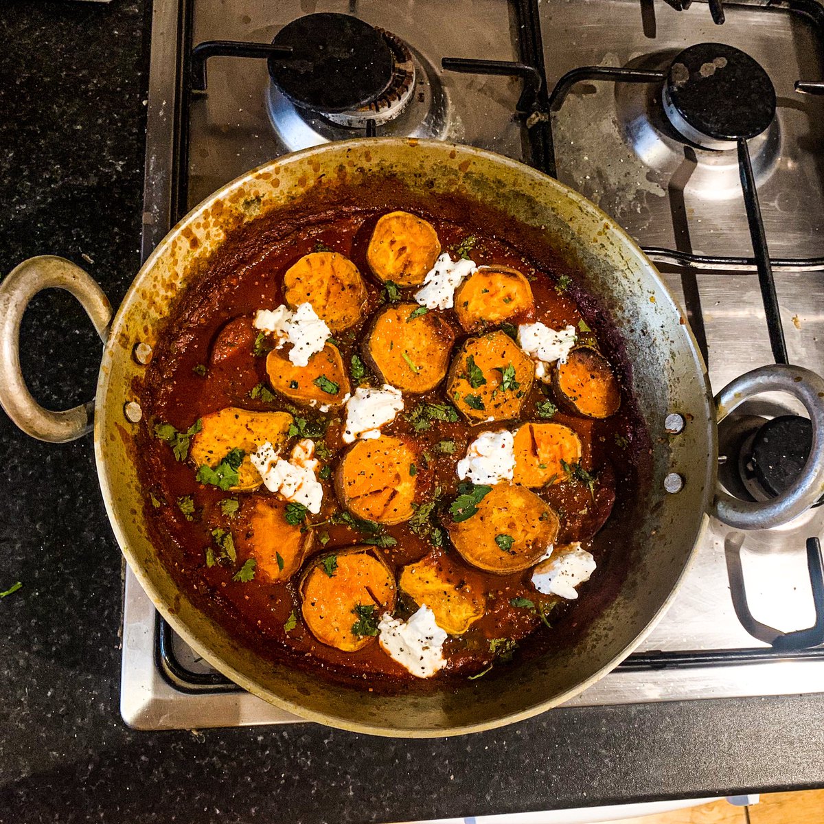 Oh, and tonight's dinner was an  @ottolenghi:Roasted sweet potato, tomato sauce and feta (we swapped in Greek yoghurt for the feta)  https://www.theguardian.com/food/2020/feb/15/yotam-ottolenghi-recipes-for-one-zaatar-salmon-ginger-fried-rice-sweet-potato-feta