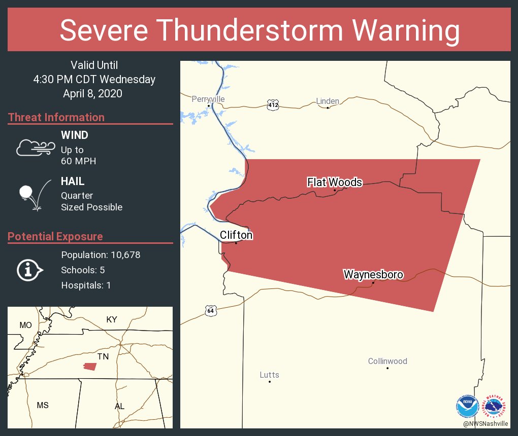 Severe Thunderstorm Warning continues for Clifton TN, Waynesboro TN, Flat Woods TN until 430 PM