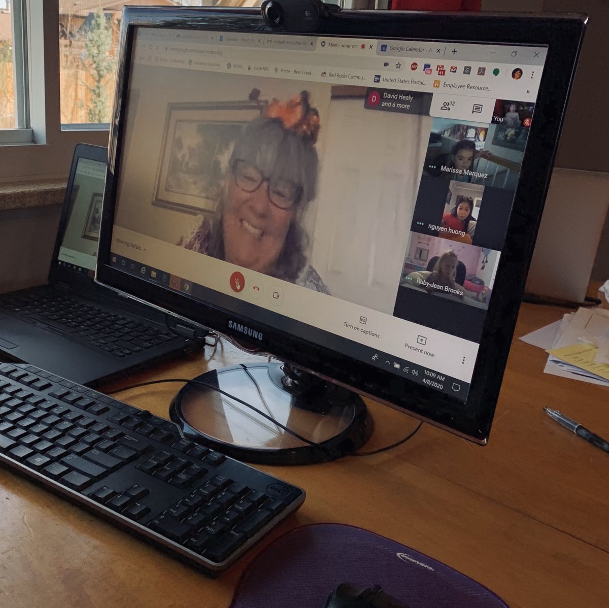 BCK8Bears's tweet image. Mrs. Belter and her class during their  virtual meeting on Wacky Wednesday!!  #bck8bears @BCK8Bears