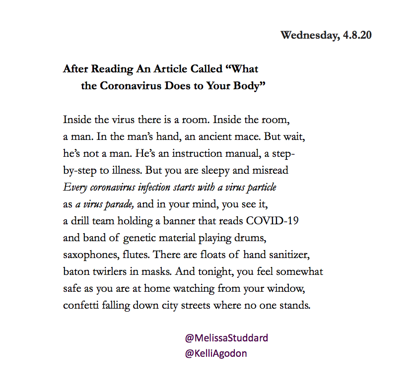 MelissaStuddard's tweet photo. "And tonight, you feel somewhat
safe as you are at home watching from your window,
confetti falling down city streets where no one stands."
#dailywave #poetry with @KelliAgodon https://t.co/xNIWcaqMSH
