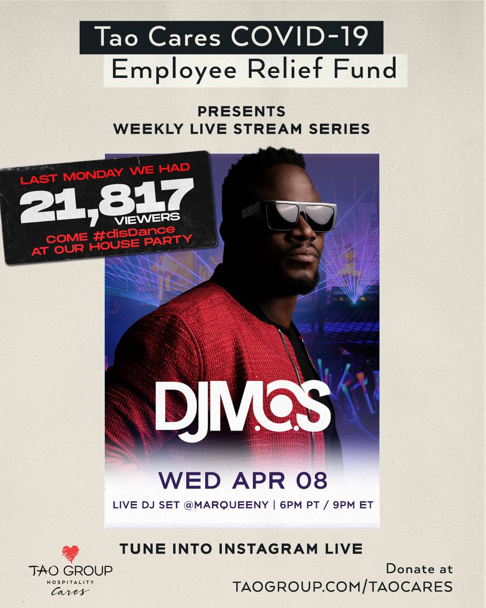 Tune in TONIGHT at 9pm with @DJMOS on our Instagram LIVE benefitting @taocares #COVID19 Employee #ReliefFund! To donate and for more information, visit taogroup.com/taocares