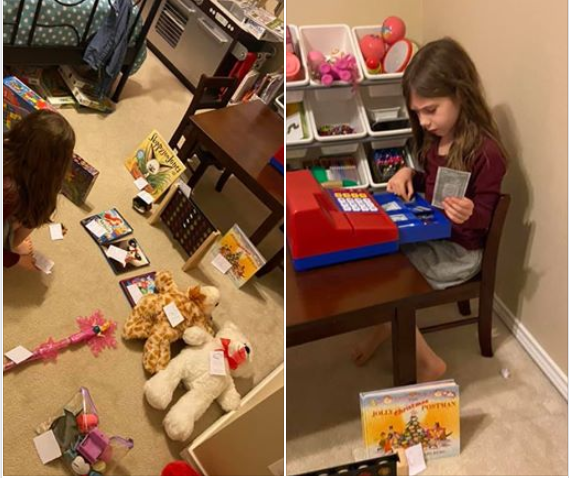 engage_learning's tweet photo. #Learning at home! Miss Ryker organized & set up a store at home! Selling to a captive audience (Mom, Dad, brother), she practiced counting & making change! Check out the #engage2learn #ParentToolkit for more useful resources for parents. https://t.co/gmn2isneqN https://t.co/6b0LmyZy5h