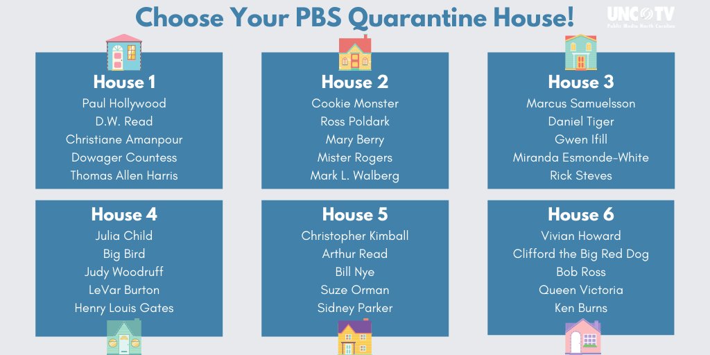 MyPBSNC's tweet image. Calling all @PBS fans: Pick your quarantine house! Who&apos;s entertaining? Who&apos;s not? And, most importantly, who&apos;s cooking?