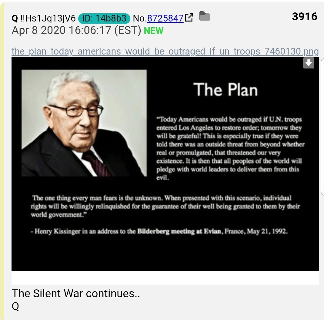 50.  #QAnon A coincidence Bannon calls out Kissinger 2 days before  #Q’s drop & Kissinger was in Wuhan Nov 19. Bannon: "Trust me, to my last breath, we're going to hunt you down and expose it all and we're starting with Kissinger."  https://twitter.com/Greg_Manz/status/1247196056699486208 