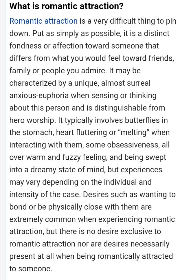 Especially given how hard "romantic feelings" is to define.By the strict definition... I don't feel any differently towards partners and friends.If someone is someone I like spending time with, and trustworthy, and I'm attracted to them physically... then it's the same./