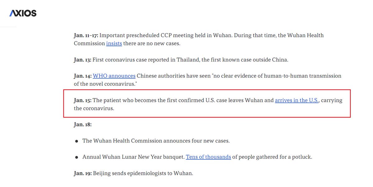 16) The next day, January 15th, the patient who would become the first confirmed U.S. case left Wuhan and arrived in the U.S. carrying the virus.H/T  @M2Madness  https://www.axios.com/timeline-the-early-days-of-chinas-coronavirus-outbreak-and-cover-up-ee65211a-afb6-4641-97b8-353718a5faab.html