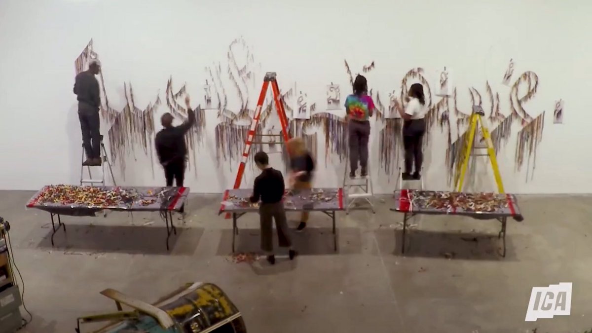 icateens's tweet image. Staying Creative: Watch the video (youtu.be/5-FGR3HLU8gof) us with artist Nari Ward installing his work We the People, made of hundreds of shoelaces. Find some shoelaces. Make something that expresses how you feel about where you live.