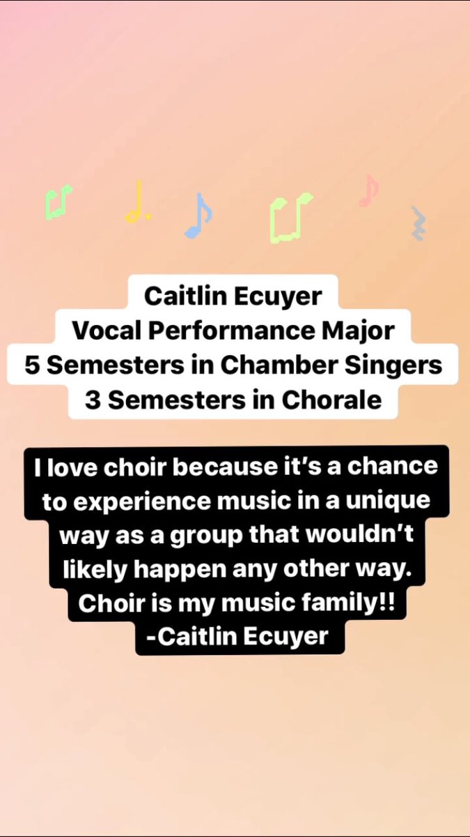 SENIOR SPOTLIGHT! 
Meet Caitlin Ecuyer, Vocal Performance Major, 5 Semesters in Chamber Singers, 3 Semesters in Chorale. Thanks for being such an important part of our choir family! ❤️