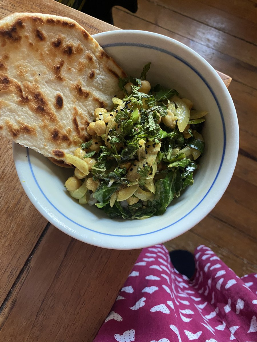 Day 23. Sunny morning; homemade bread; reading pile; chickpea & greens curry.