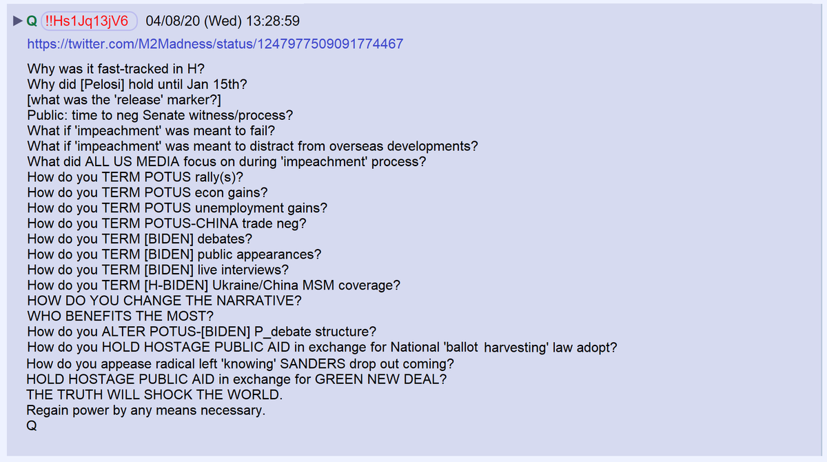 18) Q posted a link to a tweet by  @M2Madness with the information in tweets 16 and 17 ^^ and asked a series of questions.  https://twitter.com/M2Madness/status/1247977509091774467