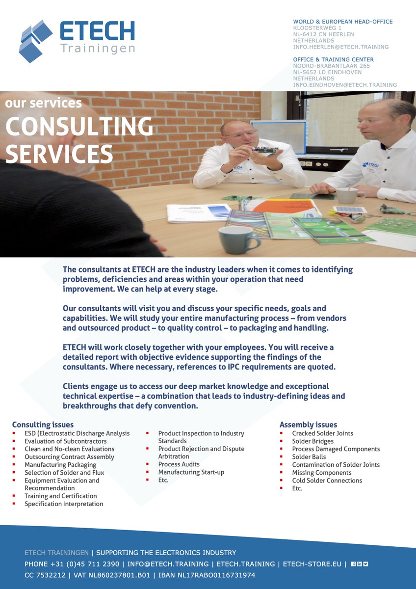 ETECHtrainingen's tweet photo. The consultants at ETECH are the industry leaders when it comes to identifying problems, deficiencies and areas within your operation that need improvement.
#electronicsindustry #ipc #etechtrainingen #electronics #ourservices #esd #components #assembly #services #wecanhelp https://t.co/FTBdBUzgD8