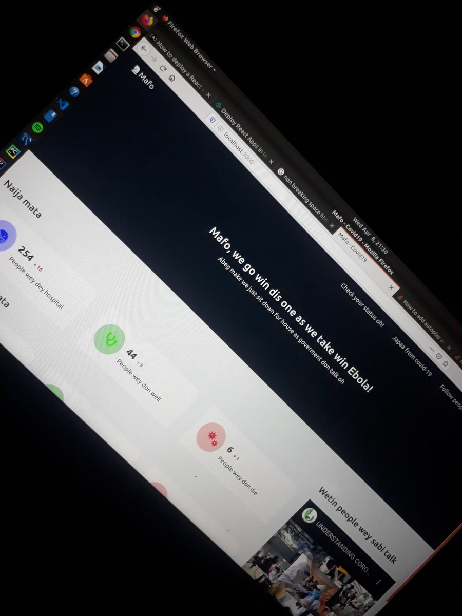 devnotbot's tweet photo. Mafo! Yeah it's up.
Your pidgin covid-19 live updates 🤗🌍
Simple and local.
Beta updates, info and sharp sharp TEST dey inside oh! Mafo
https://t.co/RgegsIPAPc
#48HoursChallenge #React
#COVIDー19 #COVID19Nigeria https://t.co/WLIH96Xslw