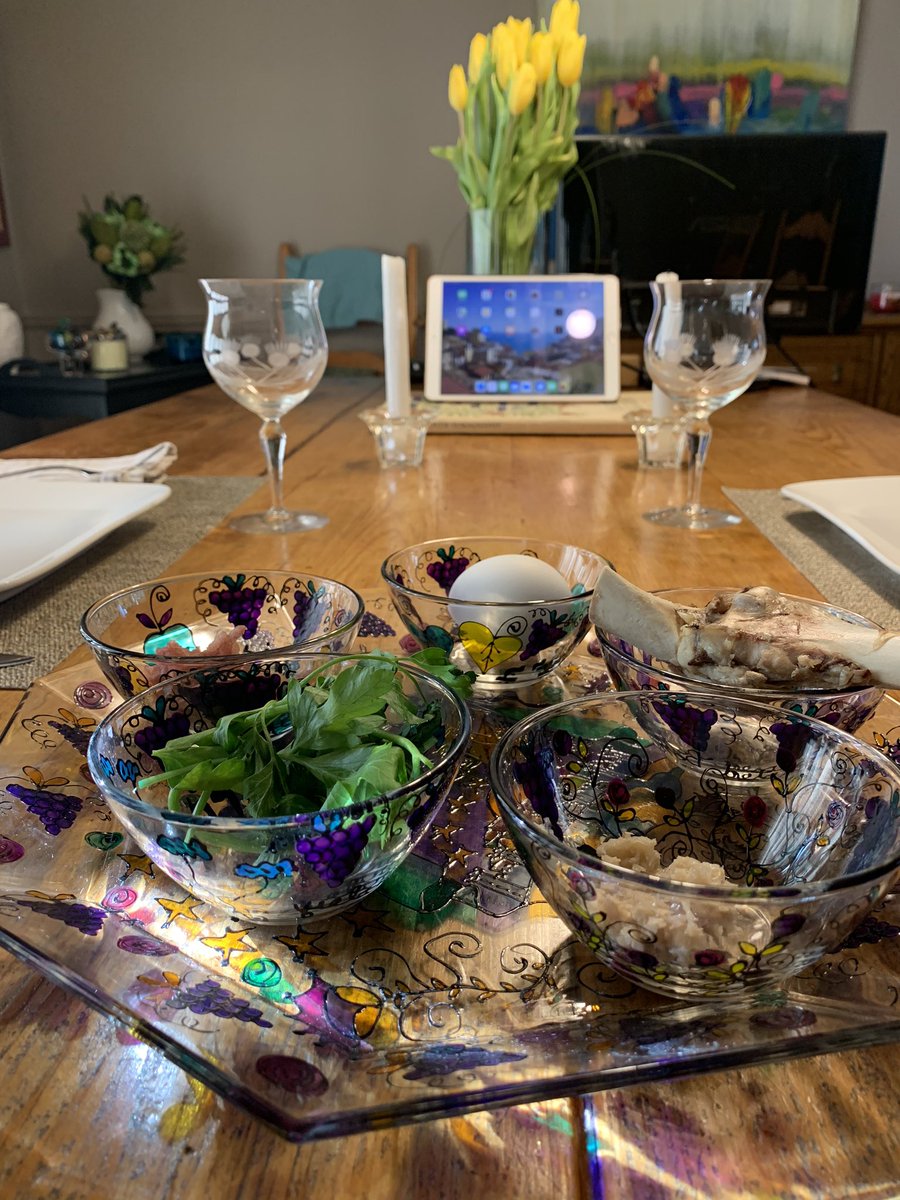 debisutin's tweet photo. #Passover2020 Easiest Passover table to set ever! Just the 2 of us in person #virtualpassover #socialdistancing https://t.co/uHVZWC36nj