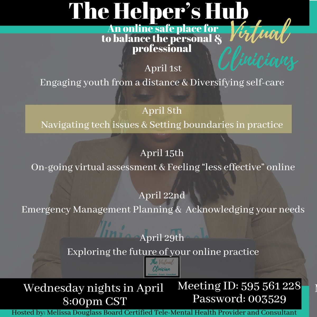 TheVirtualLCSW's tweet image. Tonight 👇🏾
zoom.us/j/595561228?pw…

#MeetMeAtTheHub
#TheHelpersHub