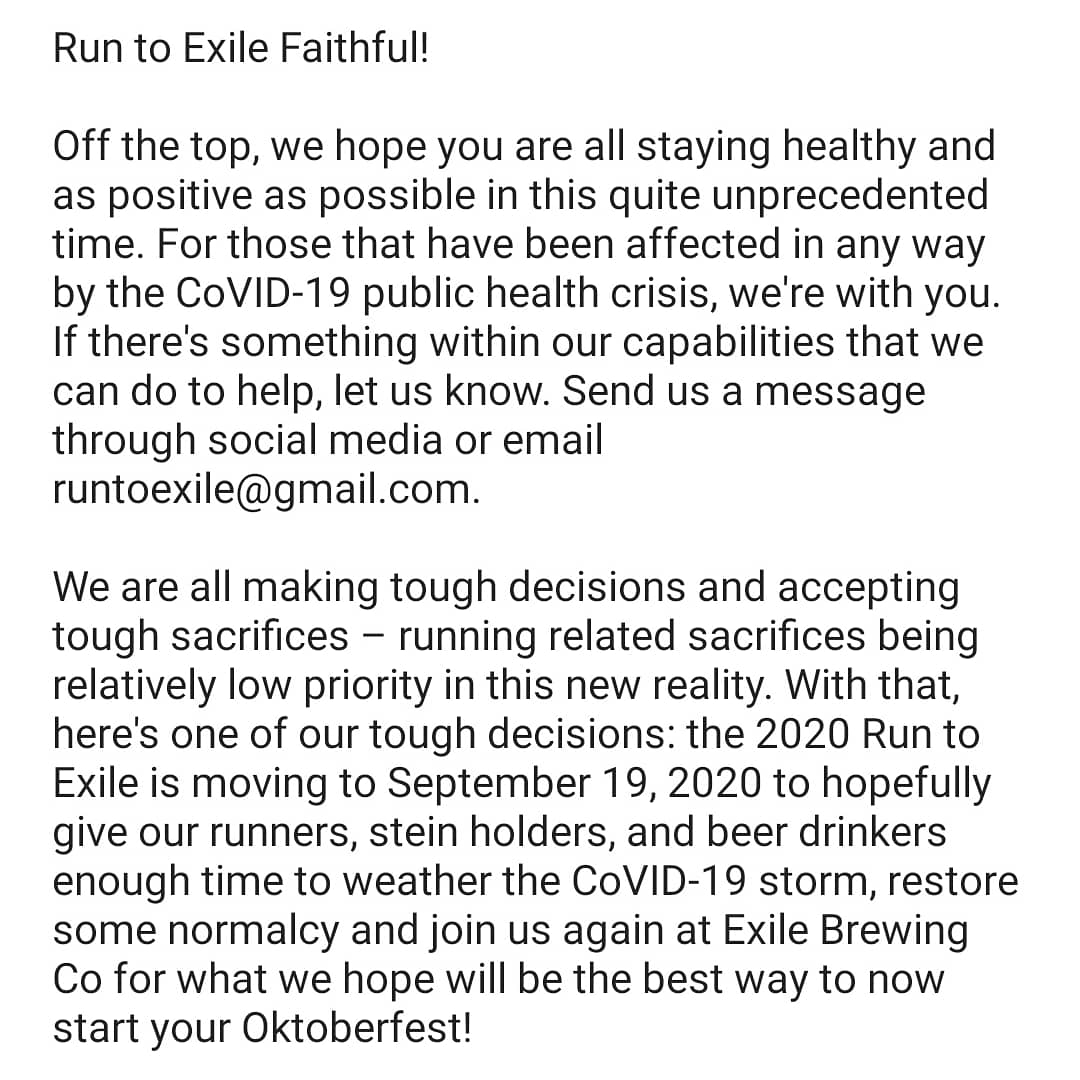 runtoexile's tweet photo. Covid-19 update for our now #Oktoberfest party at @ExileBrewingCo on September 19, 2020! https://t.co/QMuX5s5x0y