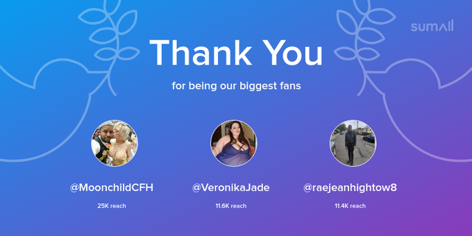Our biggest fans this week: MoonchildCFH, VeronikaJade, raejeanhightow8. Thank you! via https://t.co/7jmtaMe5M2