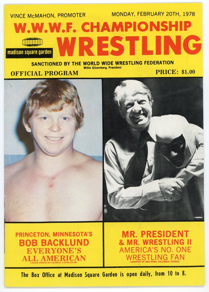 February 20, 1978 at Madison Square Garden: Bob Backlund defeats Superstar Billy Graham for the WWWF World Championship, children under 14 are allowed to watch wrestling for the first time at the modern MSG, and John Arezzi shares the pages with President Jimmy Carter.