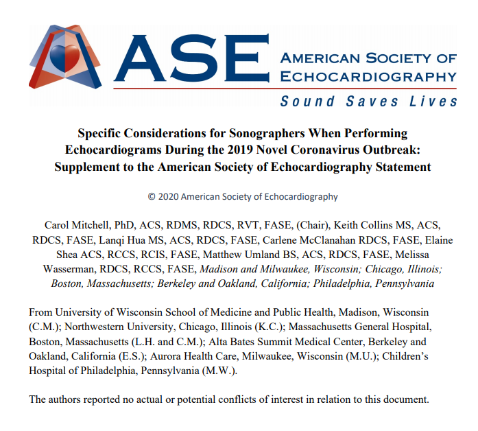 EGarciaSayan's tweet photo. 🔥off the press, another excellent @ASE360 document on #EchoFirstSafety during #COVID19.🔑recs: Limit scan time, pick easier to clean equipment / use covers, offline measurements, single use gel, avoid connecting ECG leads (consider time-based capture). https://t.co/StkNWgRLUJ https://t.co/a7J6cijt9y