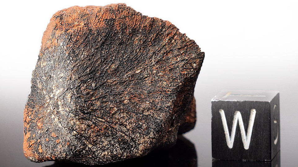 MeteoritesAZ's tweet photo. "M" is for Millbillillie, a rare witnessed fall & a visually-striking eucrite exhibiting a dazzling color combination: glossy black #fusioncrust mixed with bright orange #Australian desert soil.
๐See the flow lines?
๐ธ:https://t.co/aeWXUueo1u
#science #nature #space #meteorite https://t.co/10YgiywuOE