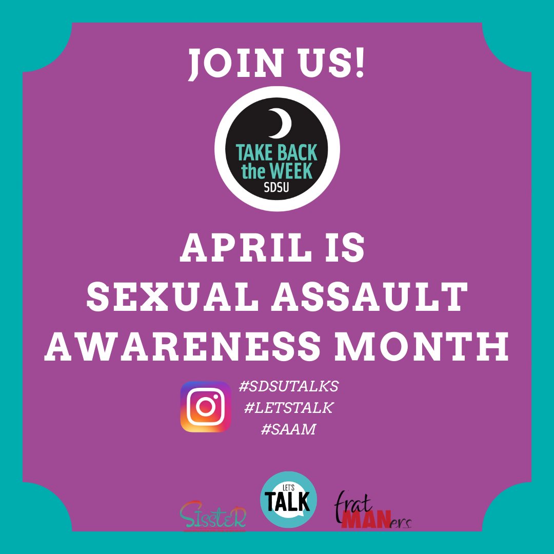 SDSUwellbeing's tweet photo. April is Sexual Assault Awareness Month. Join SDSU in supporting sexual violence prevention on campus. Follow #SDSUtalks for more on this campaign. #SDSUtalks #LetsTalk #SAAM https://t.co/n4GPIQz8is