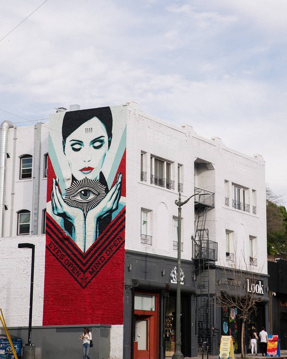 OBEYGIANT's tweet photo. Thank you @nicoechopark on Instagram for the shot of my "Eyes Open, Mind Open" mural in Echo Park. I miss all of my favorite local restaurants and small businesses, I hope everyone is hanging in there. -Shepard https://t.co/zuz9yKzoKB