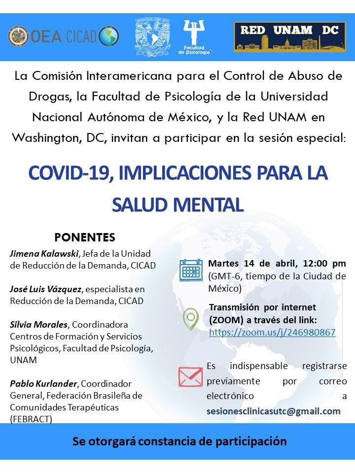 DcUnam's tweet photo. La #RedUNAMDC en colaboración con la @unam_psicologia, los invitan este próximo martes 14 de abril a las 12pm (hora CDMX), al webinar “COVID-19, implicaciones para la salud mental”. No se lo pierdan. ¡Completamente gratis! !Favor de compartir! https://t.co/nVf8HEFL2f