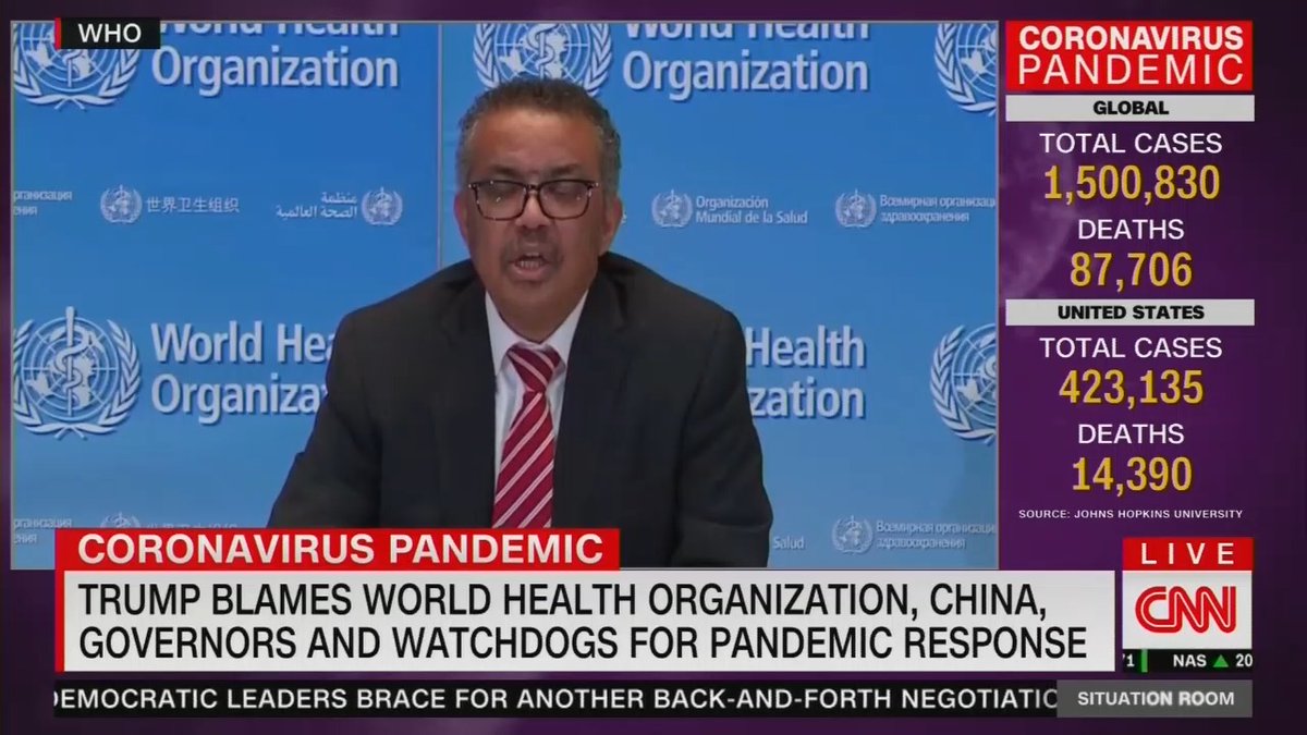 6:07 p.m. Eastern update -- Still nothing from CNN. Jim  @Acosta has a taped report including defensive soundbites from the pro-China WHO.Fox News and MSNBC still live in the briefing.