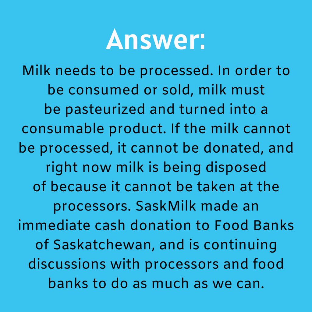 Q: Why can’t the dumped milk be donated to food banks, shelters, or others in this time of need? (3/6)