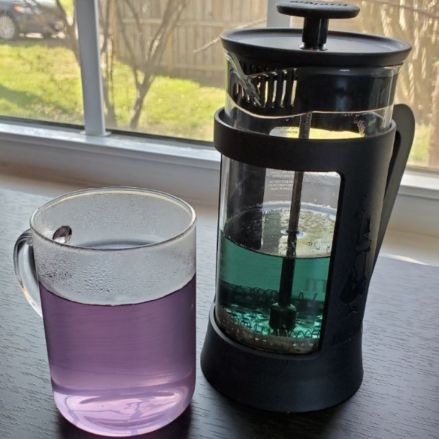 Daily tea time.Changing colors.This is a fun one. An herbal tea with lemongrass, raspberry, and roses, this comes out as a teal color (right) but changes to a lavender (left) with a few drops of lemon or lime. (Sold by  http://spiceandtea.com  as "blue raspberry crush".)
