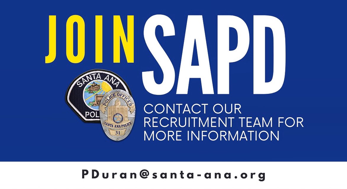 SantaAnaPD's tweet photo. Our #SAPDRecruitmentTeam is still hard at work! If you have any questions regarding vacancies, hiring process & how YOU can #joinsapd contact our recruitment team via email at PDuran@santa-ana.org
Make OUR tradition part of YOUR future #WeAreSAPD #thiscouldbeyou https://t.co/GhdaT5OpCn