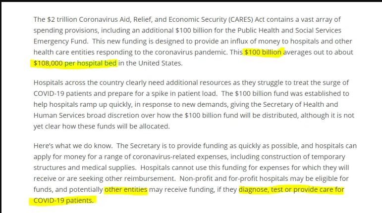 . @drscottjensen said they could be inflating COVID-19 deaths for fear. What if there is MONEY from the  #CARESAct? @Tore_says pulled this info from  @KFF. Thanks Tore. LINK  https://www.kff.org/coronavirus-policy-watch/a-look-at-the-100-billion-for-hospitals-in-the-cares-act/