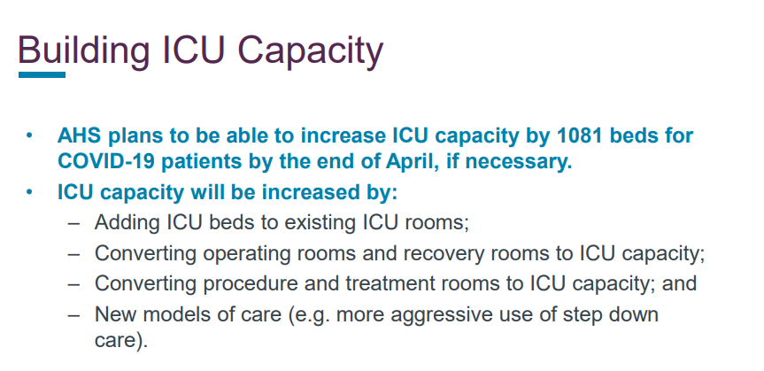 Right so now we're moving to ICU capacity. Increase in ICU beds by 1100 beds by the end of this month, by adding more beds to units and switching some surgery rooms to ICU.  #ableg  #cdnpoli  #covid19