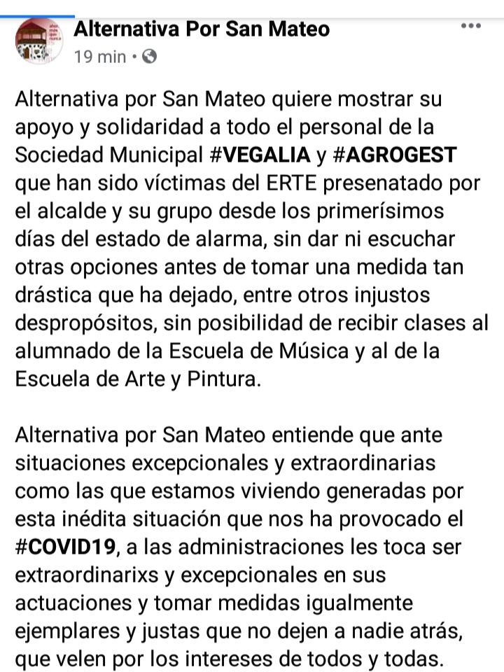 AlternativaxSM's tweet photo. Alternativa por San Mateo quiere mostrar su apoyo a todo el personal de la Sociedad Municipal #VEGALIA y #AGROGEST víctimas del #ERTE presentado por el alcalde y su grupo https://t.co/GQqJH6VXfR