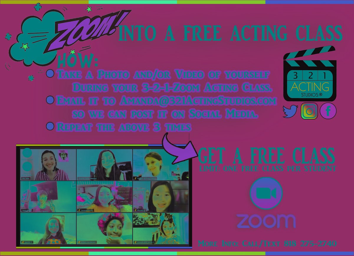 321Acting's tweet image. Get a free Class -&amp;gt; Ask a friend to join you in your Zoom Live Online Acting class and you&apos;ll get a free class! Call/Text for more info: 818 275-2740
_________
#ZoomActingClasses #ZoomMeeting #ActingForKids #ActingForTeens #ActingForAdults #ActorsLife