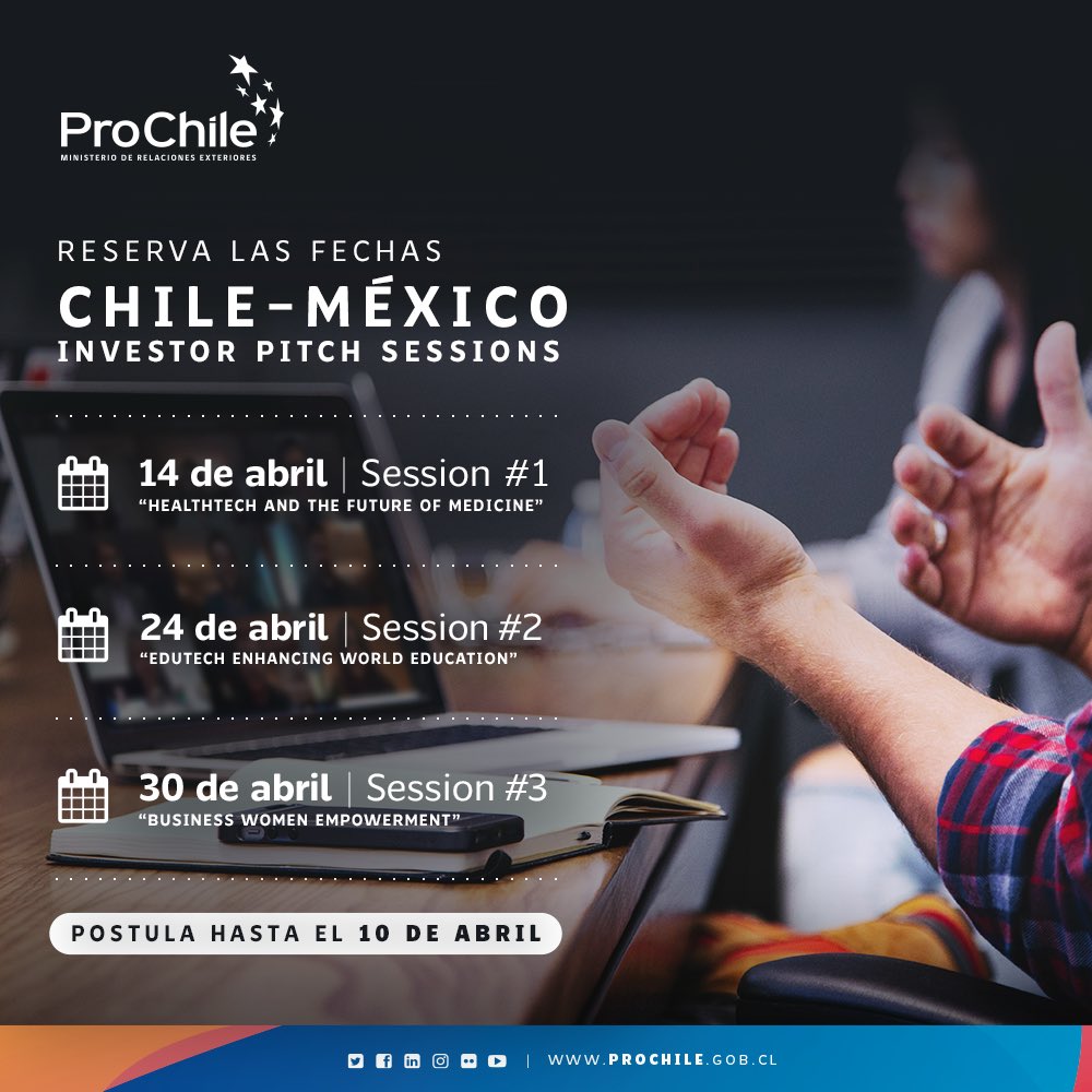 ¿Eres una scaleup chilena y te interesa expandirte a México? <a href="/ProChile/">ProChile</a> te invita ser parte de las Investors Pitch Sessions, donde tendrás la posibilidad de presentar tu empresa a importantes fondos de inversión como Blackshiip y Angel Ventures! Más info: bit.ly/2XjoQ3m
